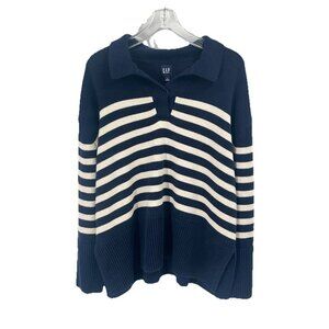 Gap Navy Blue Stripe Sweater Collar Nautical Preppy Old Money Sz Large